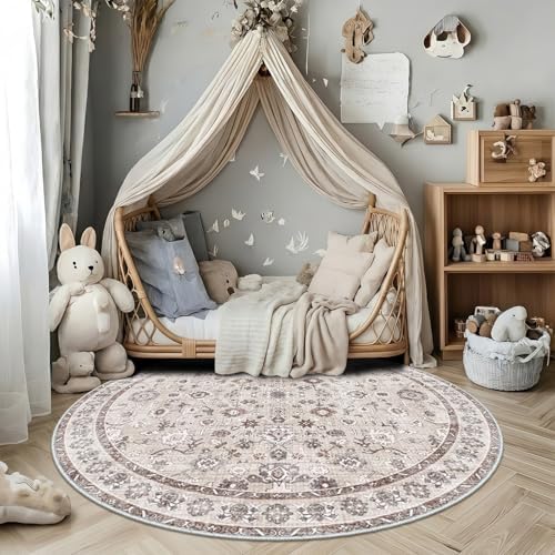 Round Rug 5ft Dining Room Rugs Soft Washable Low Pile Circle Carpet Beige - Image 2