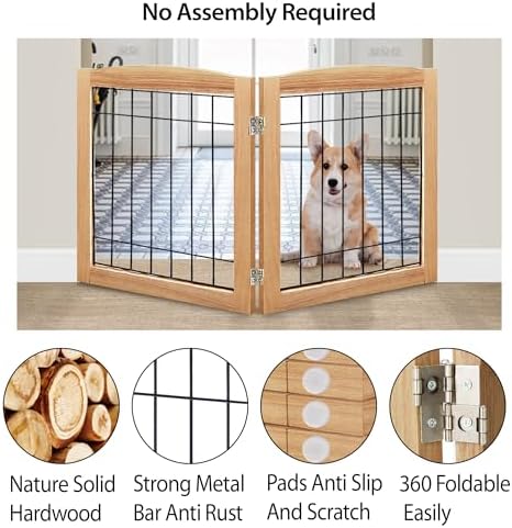 LZRS 2-Panel Freestanding Foldable Wood Dog Gate – Solid Wood & Steel Wire - Image 3