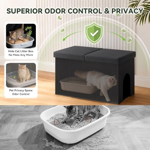3-in-1 Cat Litter Box Enclosure Furniture, Cat Ottoman, Dark Grey - Image 2
