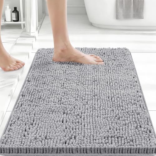 Bcoimo Small Bath Rug Mat, 24x17 Chenille Non Slip Gray Bathroom Shower Mat by Bcoimo