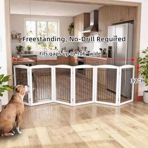 ZJSF Freestanding Foldable Dog Gate Wooden Extra Wide White Puppy Gate 6 Panels - Image 2