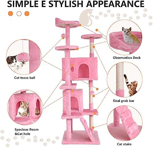 BestPet | 70" Cat Tree Tower | Pink | Sturdy Multi-Level Cat Tree - Image 6