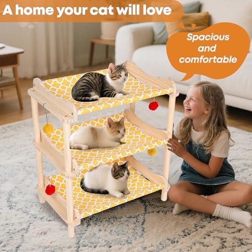 Large 3-Layer Cat Hammock Bed, Breathable Washable Covers, Wooden Pet Furniture - Image 6