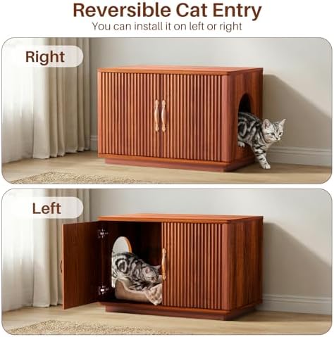 Amunrbrek Cat Litter Box Enclosure, 31.5" Fluted Walnut Hidden Cabinet - Image 4