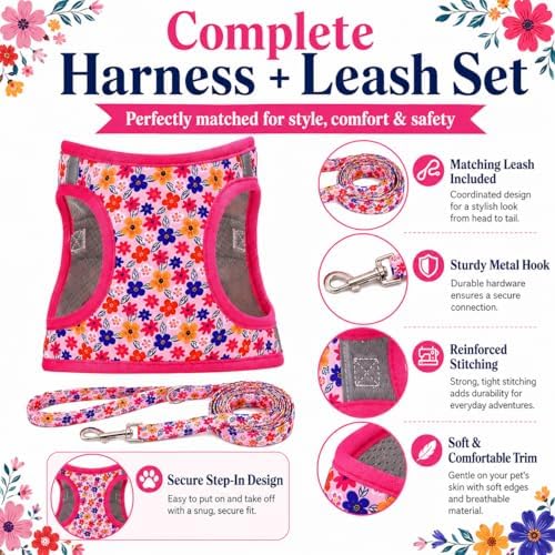 Step in Dog Harness Leash Set- All Weather Reflective No-Pull Floral Pattern - Image 2