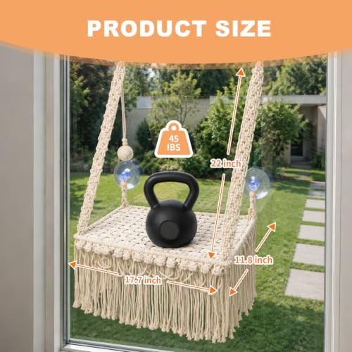 Boho Macrame Cat Window Perch, Cat Window Hammock, 17.7”-11.8”-Metal Frame Beds - Image 4