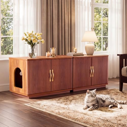 Amunrbrek Cat Litter Box Enclosure, 31.5" Fluted Walnut Hidden Cabinet - Image 2