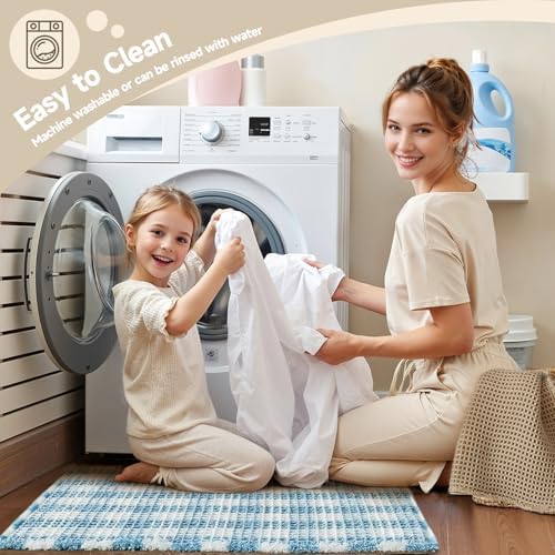 TYUU Waffle Bath Mat, Small Cute Bathroom Rug Non Slip, 24x16 Blue & White - Image 6