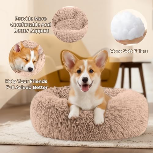 Calming Large Donut Dog and Cat Bed, Anti-Anxiety Round Soft Fluffy Plush Faux - Image 4