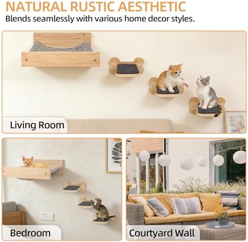 Cat Wall Hammock with 3 Steps, Pine Wood Wall Mounted Kitty Bed & Climbing - Image 6