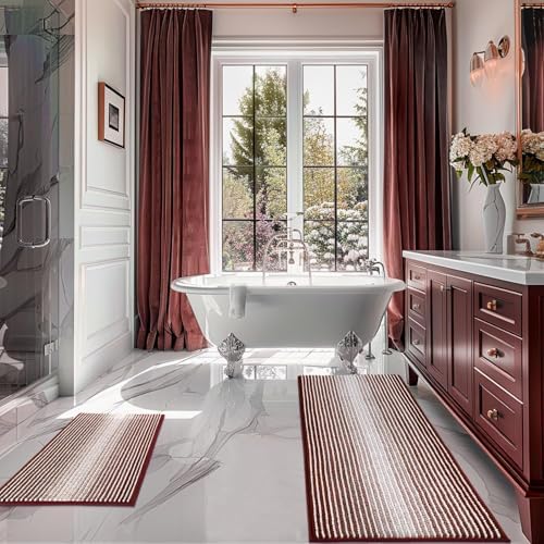 BSICPRO Bathroom Rugs Sets 2 Piece, Non Slip Striped Bath Mat, Burgundy Red by BSICPRO