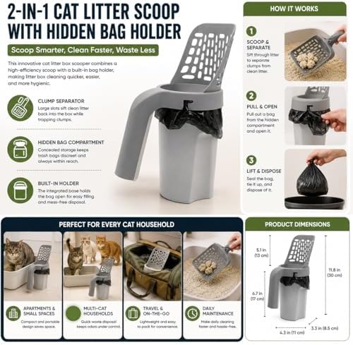 3 in 1 Cat Litter Scoop with Bag Holder, 11.8 Inch, Daily Use - Image 4