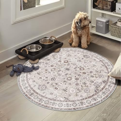Washable Small Round Rug Soft Floral Low Pile Non Slip 2round Beige by NYZEL