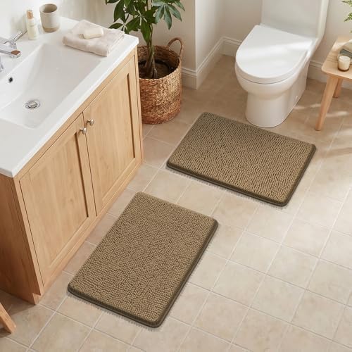 Bcoimo Bath Rug Mat Sets, 2 Piece Extra Soft Chenille Tan Bathroom Mat Set - Image 5