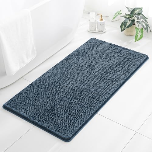 Chenille Bathroom Rug 26"x44" Blue, Non-Slip Plush Bath Mat by Kildoss