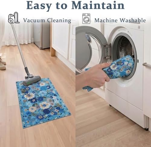 24x17 Inch Door Mat Indoor Entrance, Floral Area Rug Non Slip Blue - Image 3