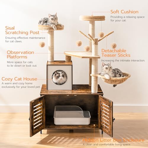 HOOBRO Cat Tree with Litter Box Enclosure, Scratching Posts, Litter Box - Image 5