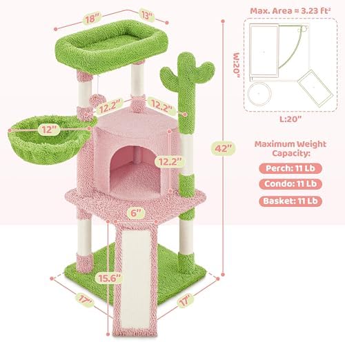 Yaheetech 42in Pink Cactus Cat Tree Tower - Image 3
