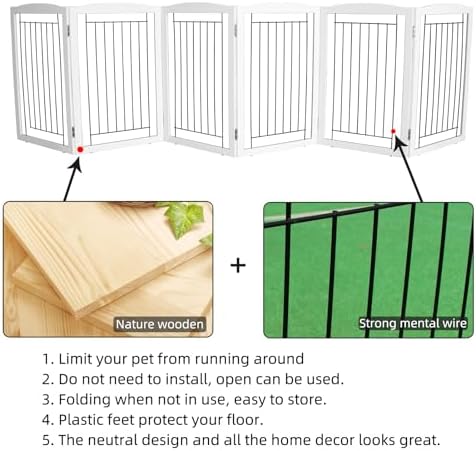ZJSF Freestanding Foldable Dog Gate Wooden Extra Wide White Puppy Gate 6 Panels - Image 5