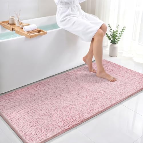 Bcoimo Bath Rug Mat, 48x24 Chenille Non Slip Pink Long Bathroom Runner Rugs by Bcoimo
