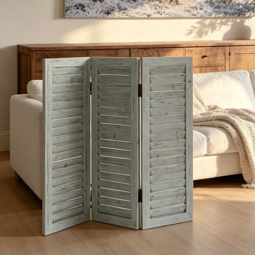 35" T Room Divider Screen, Rustic Wooden 3 Panel Louvered Privacy Divider by SOFE