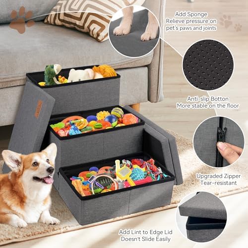 Zerbuger Dog Stairs with Storage, Dark Grey 3 Steps Dog Ramp no Condo - Image 4