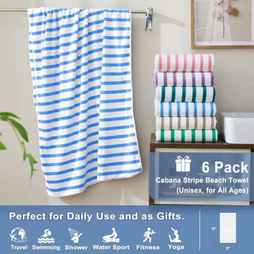 JML Microfiber Beach Towels Set, 6 Pack, Cabana Stripe Blue - Image 2