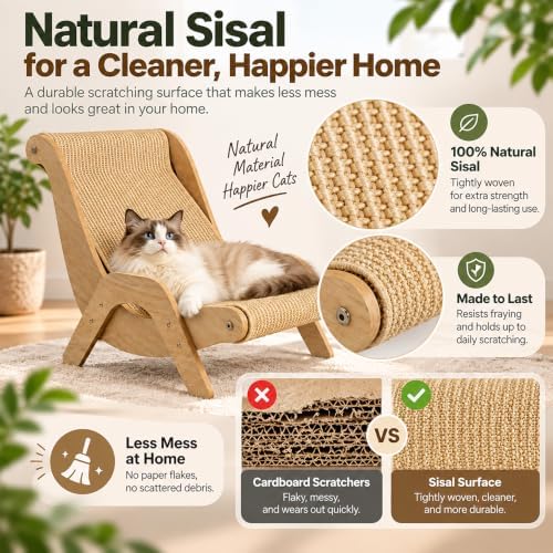 Cat Scratch Lounger Chair, Sisal Scratching & Wooden Frame Scratcher Bed - Image 5