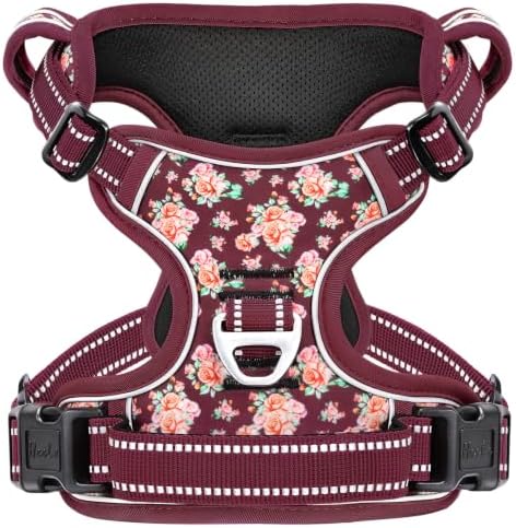 HEELE Large Dog Harness, Reflective, No Pull No Choke, Flower Burgundy by HEELE