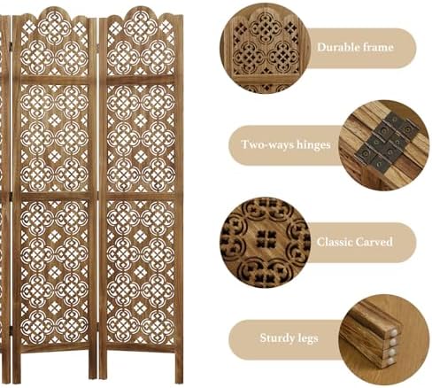 68.9Inch Folding Room Divider, 4 Panels Wood Carved Privacy Screens - Image 3