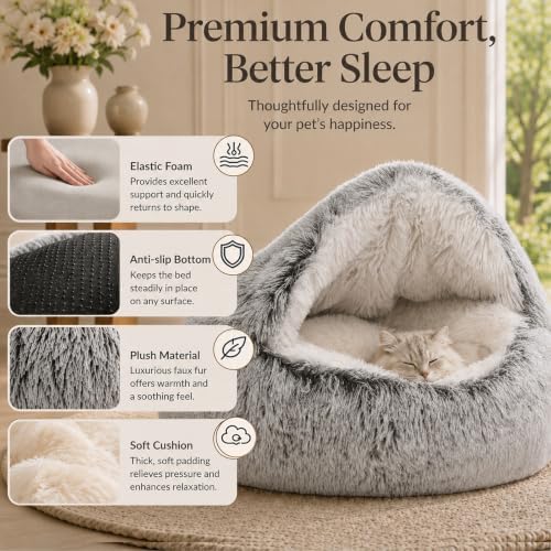 ShinHye Cat Bed Round Plush Fluffy Hooded Cat Bed Cave, Cozy - Image 5