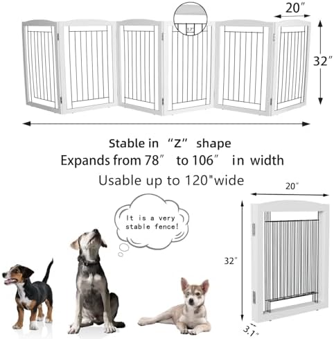 ZJSF Freestanding Foldable Dog Gate Wooden Extra Wide White Puppy Gate 6 Panels - Image 6