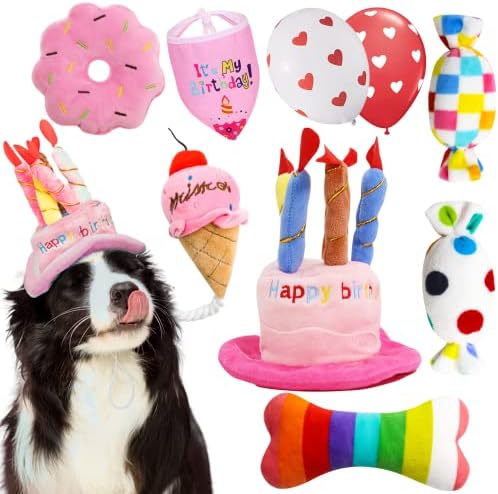 lilfrd 9Pcs Pink Dog Birthday Toy Set, Squeaky Hat Bandana Gift by Lilfrd
