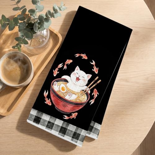 Hanamiya Na 2 Pcs Funny Japanese Cat Eating Ramen Kitchen Towels 24x14 Inch - Image 3