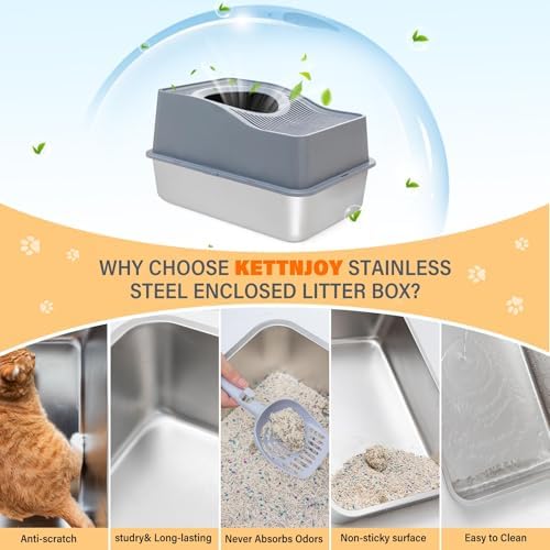Top Entry Cat Litter Box with Lid, Stainless Steel Enclosed Cat Kitty Litterbox - Image 5