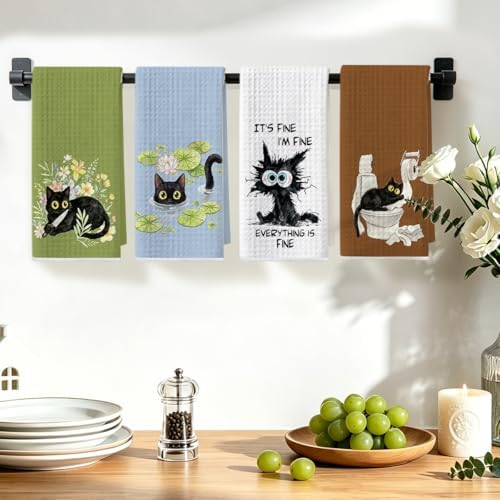 4 Pcs Funny Black Cat Kitchen Towels, Cute Cats Gifts Reusable Dish Towels - Image 4