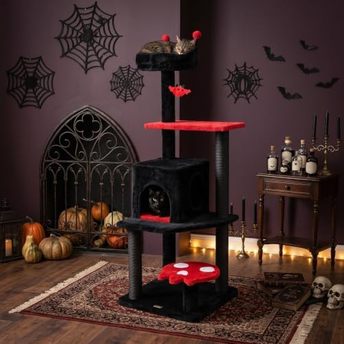 PETSITE 57-inch Gothic Cat Tree, Bat-Shaped Dangling Ball, Comfy Condo by PETSITE