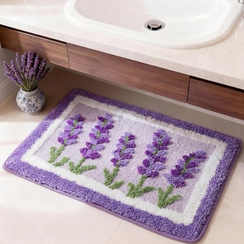 Boao Lavender Purple Floral Bath Mat Non Slip Bathroom Rug, 24 x 16 in - Image 3