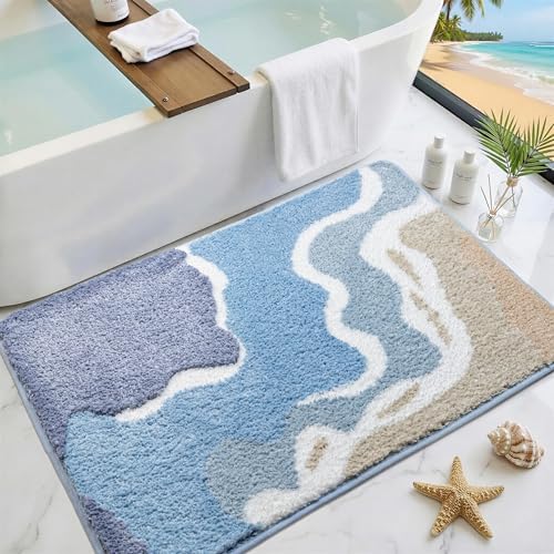 Blue Coastal Bathroom Rugs Ultra Fluffy Plush Super Absorbent by Cevolyn