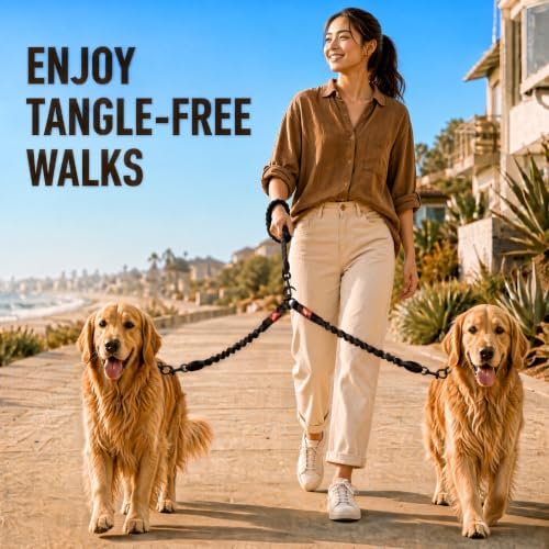 Double Dog Leash, 360° Swivel, No Tangle, Two Dogs, Split Leash, Reflective and - Image 2