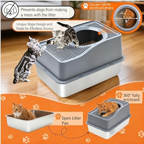 Top Entry Cat Litter Box with Lid, Stainless Steel Enclosed Cat Kitty Litterbox - Image 2