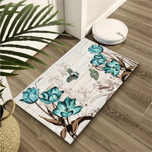 Giwawa Teal Floral Bath Rug Butterfly Flower Bath Carpet Soft Bathroom Plush - Image 6