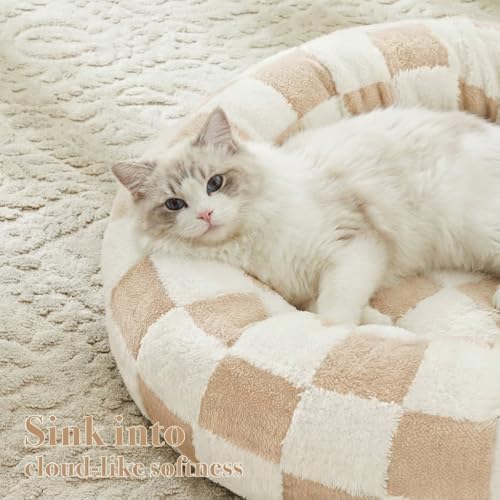 Ohocut Checkered Cat Dog Bed, Cute Beige Khaki Retro Style Aesthetic Round - Image 2