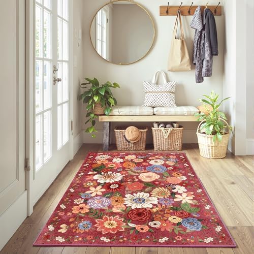 Red Floral Area Rug 3x5 for Bedroom Entryway Dorm - Image 2