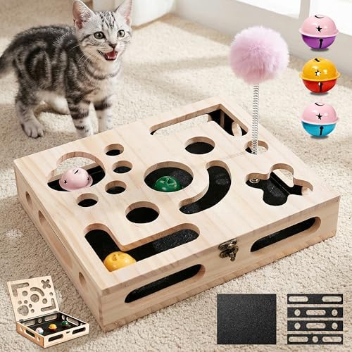 Cat Nail File Enrichment Box, Wood Puzzle Scratcher Toy by URBISMART