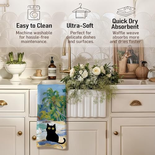 Black Cat Kitchen Towels, Coastal Beach Black Cats Decor - Image 3