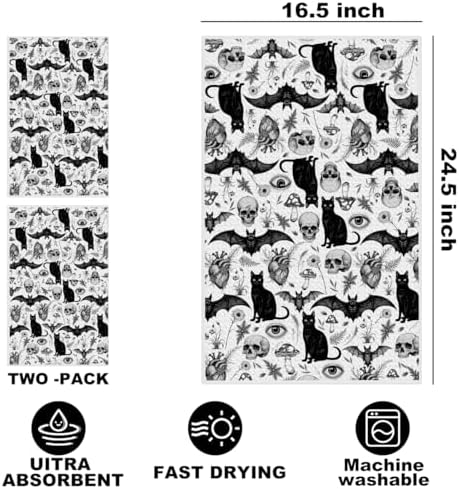2 Pcs Skeleton Cat Kitchen Towels, Mushroom Durable Microfiber Tea Towels - Image 2