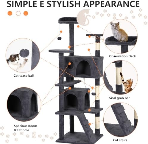 BestPet | 62" Cat Tree Tower | Dark Gray | Sturdy Multi-Level Cat Tree - Image 6