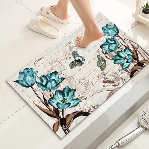 Giwawa Teal Floral Bath Rug Butterfly Flower Bath Carpet Soft Bathroom Plush - Image 2