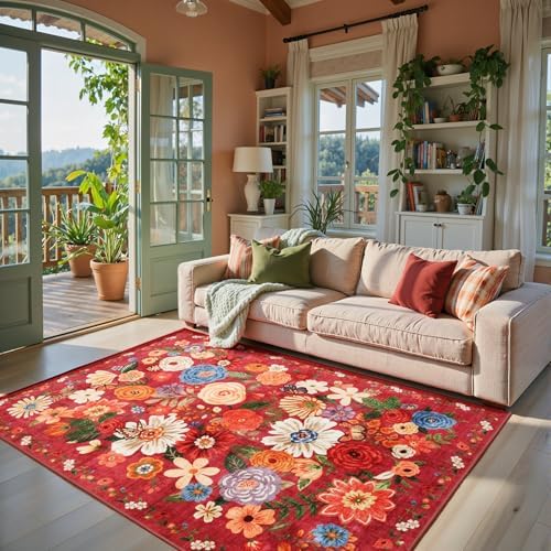 Red Floral Area Rugs 5x7 for Bedroom Livingroom Non-Slip by WelcometoBabovid